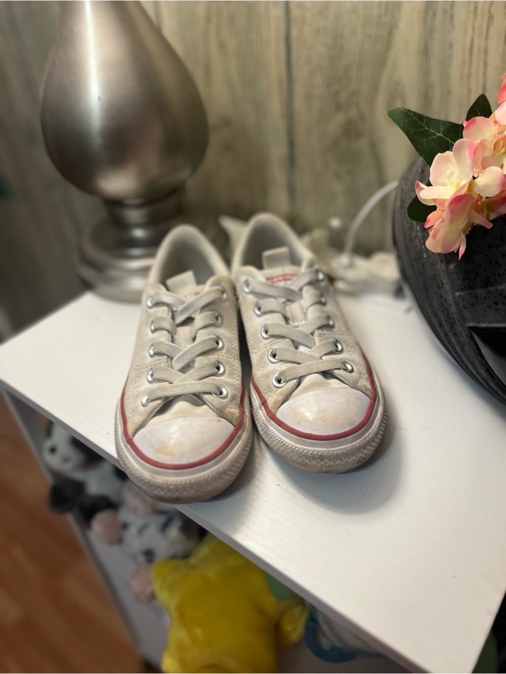 Converse Kids Low Top Canvas Sneakers in White with Red Trim